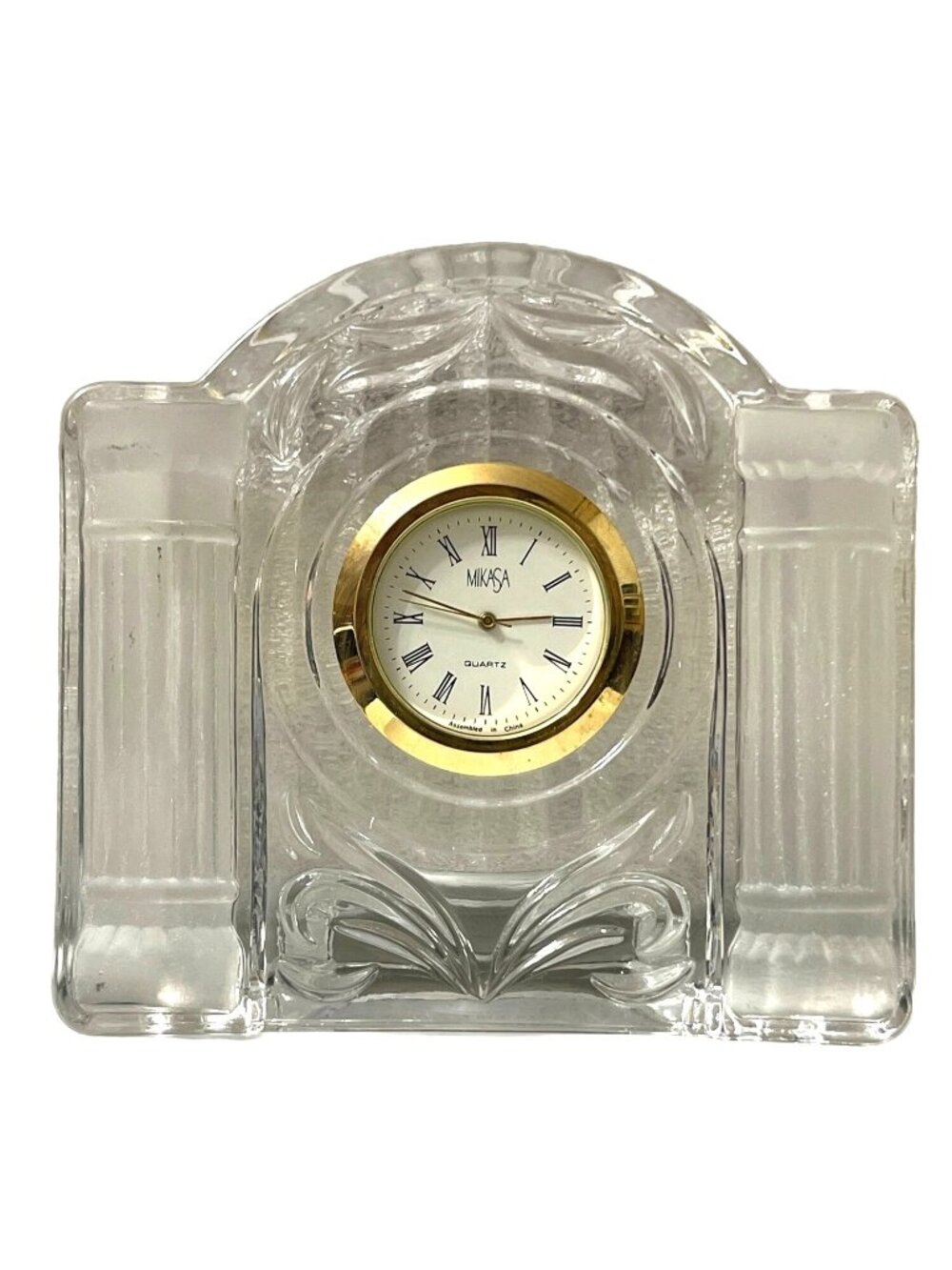Vintage Mikasa Cotillion Frost Crystal Quartz Mantel Clock Gold Accents Small